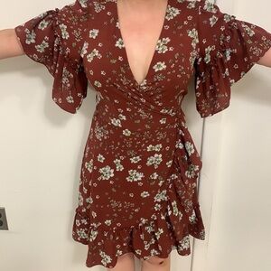 Max Studio Floral brown Ruffle Mini Wrap Dress size S